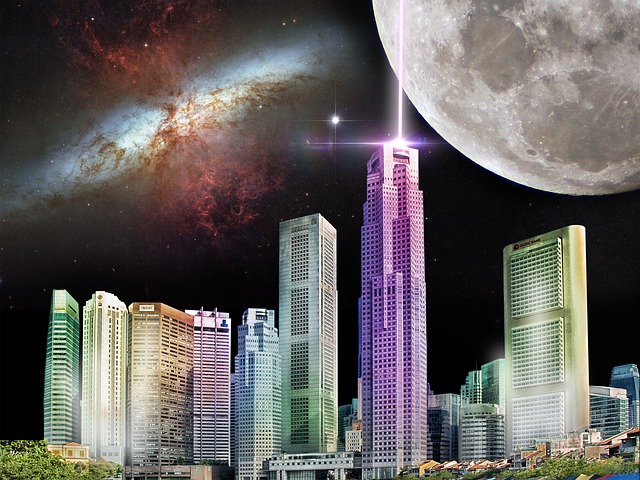 A giant moon looms over a city skyline at night full of brightly lit skyscrapers, which highlight the many achievements of man with technology. If technology can achieve this, why can't it create an inclusive picture book?